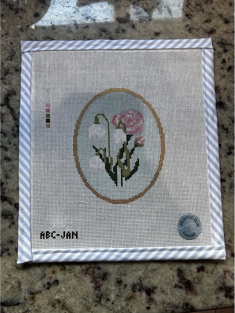 handpainted needlepoint canvas ATLANTIC BLUE CANVAS Birth Flower January 18 Mesh